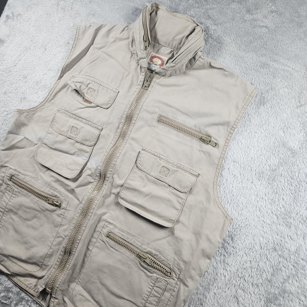 VINTAGE Banana Republic Vest Mens Large Beige Hooded Utility Safari Outdoor 80s
